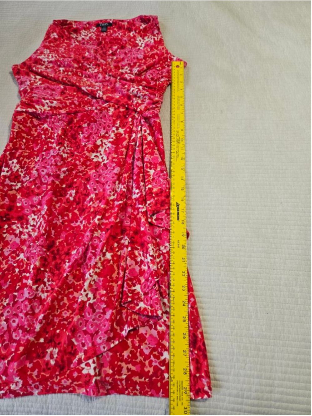 Chaps Floral Faux Wrap Dress Pink Coral Sleeveless Ruched Ruffle Sheath size L - Picture 8 of 9